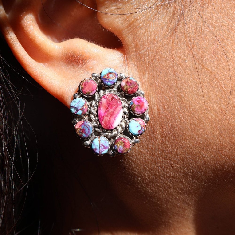 Navajo Earrings Native American Jewelry Pink Spiny Oyster Shell Sterling Silver* - Picture 6 of 12